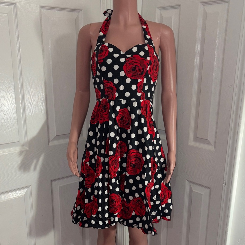Halter Polka Dot & Red Rose A-Line Dress